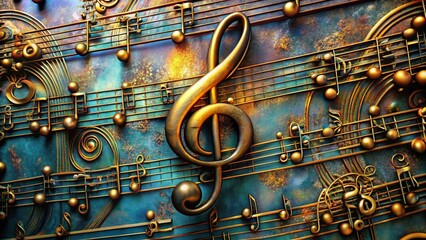 A golden treble clef on a blue and brown background with musical notes and staff lines.