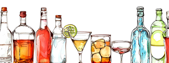 Color Illustration of bottles and glasses of alcoholic beverages on white background, space for text. Concept of alcohol.