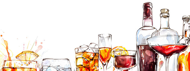 Color Illustration of bottles and glasses of alcoholic beverages on white background, space for text. Concept of alcohol.