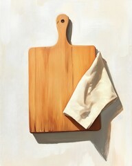 Wall Mural - Oil painting depicting a wooden cutting board alongside a napkin set against a white background showcasing kitchen essentials