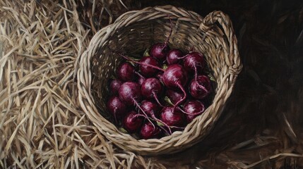 Wall Mural - Oil painting depicting a basket brimming with beets resting on dry hay viewed from above