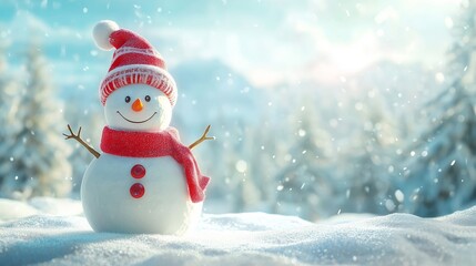 Merry christmas and happy new year greeting card with copy-space.happy snowman standing in christmas landscape.snow background.winter fairytale.