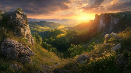 Mountain valley during sunrise. natural summer landscape in slovakia.