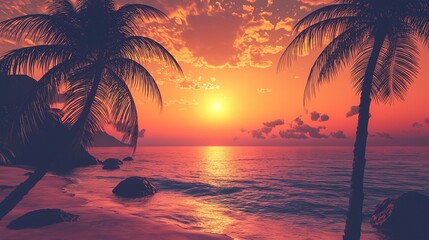 Palm trees silhouettes on tropical beach at sunset - modern vintage colors.