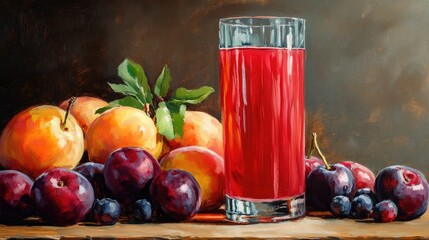 Wall Mural - Close up oil painting of tasty plum juice accompanied by fresh fruits on a wooden table