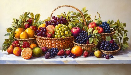 Wall Mural - Still life oil painting featuring an assortment of fresh fruits and berries in baskets on a white wooden table promoting the idea of healthy eating and vibrant produce