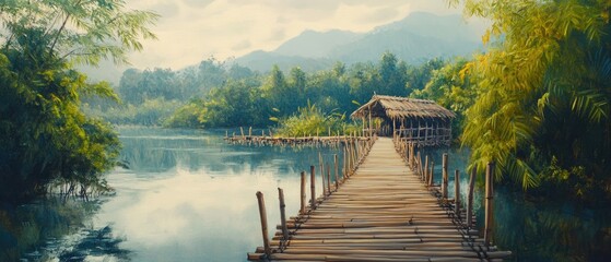 Oil painting depicting a bamboo bridge showcasing an eco friendly architectural design