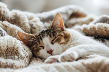 A cat napping on a soft blanket or cushion, its fur blending into the cozy surroundings