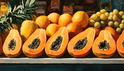 Wall Mural - Still life oil painting of ripe papayas showcasing the abundance of fruits in a grocery store setting