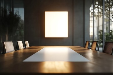 Wall Mural - Empty conference room with long table and chairs. Minimalist interior design with bright lighting and large window