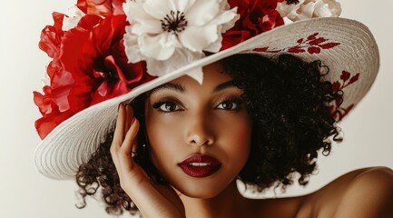 Portrait of beautiful woman in vivid hat adorned with floral details, with red lips. Elegant sport fan