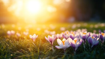 Poster - Spring Sunset with Crocus Flowers