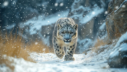 snow leopard, white leopard in snow mountains, white snow leopard walking