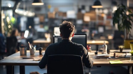 Sticker - Man Working on Computer at a Desk in a Modern Office