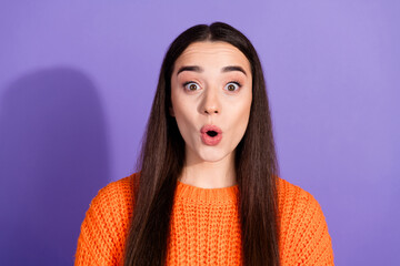 Sticker - Photo of excited cute nice girl wear trendy orange clothes open mouth isolated on purple color background