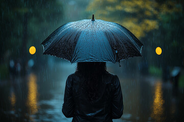 Poster - A person standing in the rain without an umbrella, clearly soaked and unhappy. Concept of unpreparedness and bad weather problems.