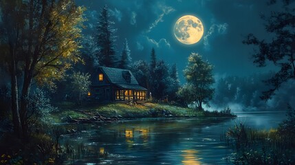 Wall Mural - House by river illuminated by full moon painting picture