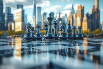 Wall Mural - A chessboard where the pieces are shaped like skyscrapers and factories, symbolizing the power struggles in the corporate world. Concept of economic competition and societal impacts.