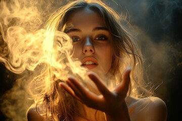 Poster - Mysterious woman blowing smoke with mystical atmosphere