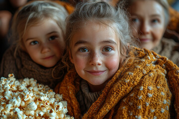 Wall Mural - Grandparents and their grandchildren enjoying a movie night at home, with popcorn and cozy blankets. Concept of movie entertainment and family time.