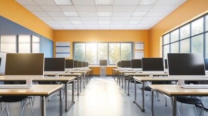 Sticker - Modern Computer Classroom with Rows of Desks and Monitors