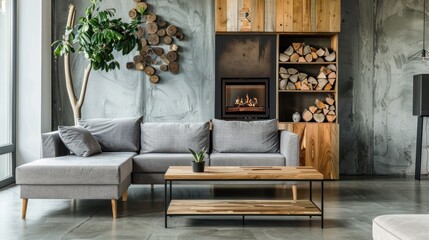 Wall Mural - Modern Living Room Interior Design with Fireplace and Grey Sofa