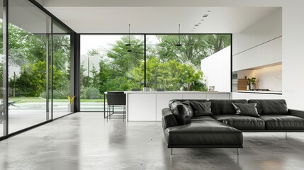 Poster - Modern Living Room with Large Windows and a View of a Lush Garden