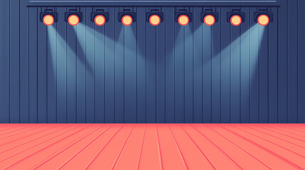 Wall Mural - Stage Lights On Dark Blue Wall with Red Wooden Floor - Perfect for Mockups and Presentations