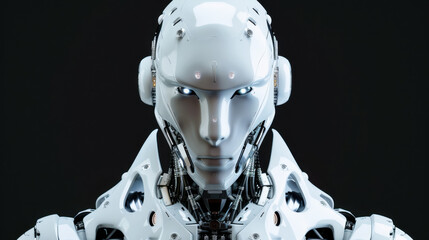 Poster - A robot with a white body and silver arms stands in front of a gray background