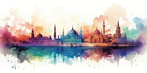 Wall Mural - Watercolor cityscape with mosque