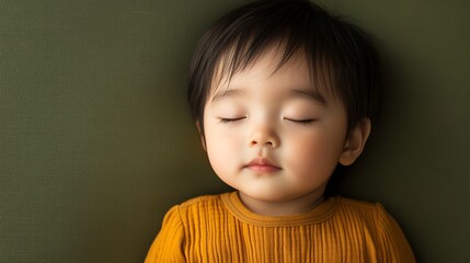 Canvas Print - A baby boy wearing an orange shirt is sleeping on a green background.