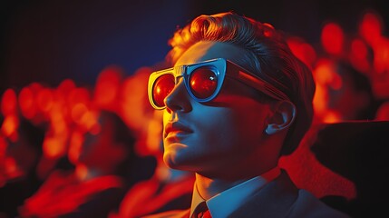 A man wearing 3D glasses watches a movie in a dark theater.