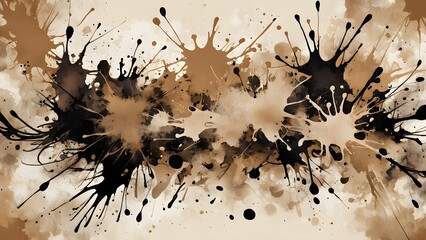 Abstract background with brown and black splatters on white canvas.