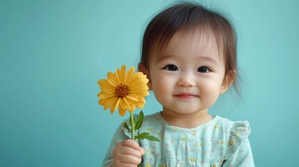 Wall Mural - A baby girl in a light blue dress holding a yellow flower smiles at the camera.