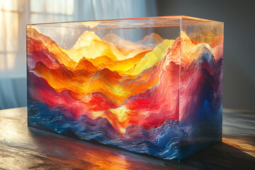 Canvas Print - A transparent glass box with layers of colored liquid representing different data sets that mix and shift. Concept of fluid and interactive data visualization.