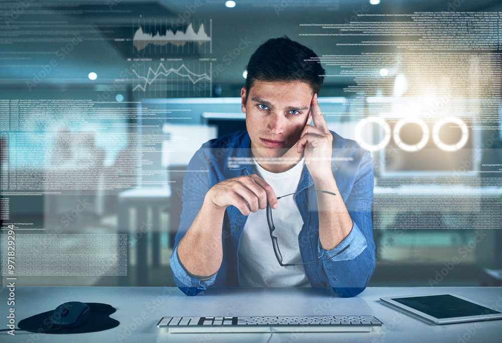 Thinking, programmer and man in office, night and overlay of interface ...