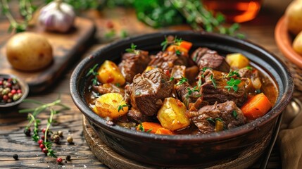 A close-up shot of beef stew in a pot. This photo is perfect for showcasing a hearty, comforting meal.