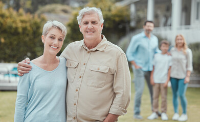 Poster - Hug, portrait and smile of old couple in garden of new home with family for property investment. Development, love or partnership and senior people with children and grandkids for real estate growth