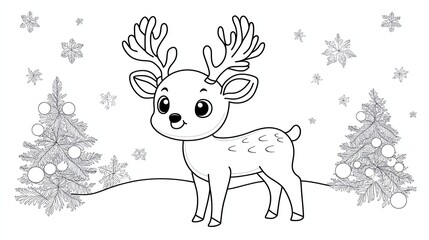 Wall Mural - A black and white drawing of a cute cartoon reindeer standing near a Christmas tree.