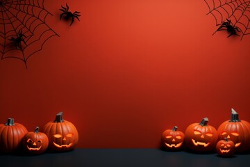 Halloween Background With Spooky Carved Pumpkins, Spiderwebs, And Spiders On A Red Background