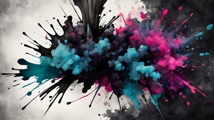 Black, blue, pink and purple paint splatters and smoke clouds explode against a white background.