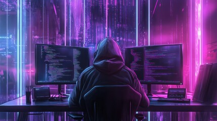 Wall Mural - Cyberpunk Hacker Working in a Futuristic City