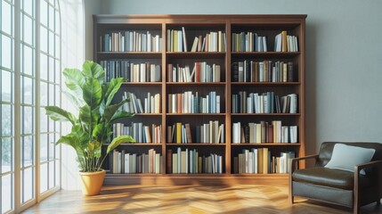 Wall Mural - Cozy Reading Nook with a Large Bookshelf