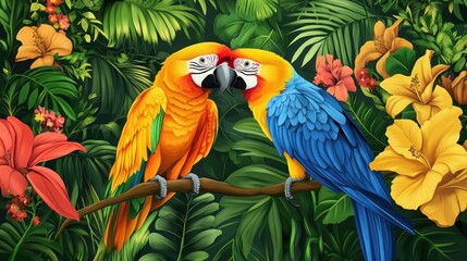 Two Parrots Perched on a Branch