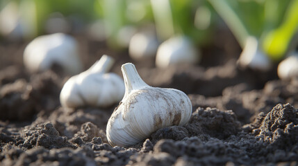 a close-up of freshly pulled garlic bulbs with their white skins partially covered in damp, crumbly soil