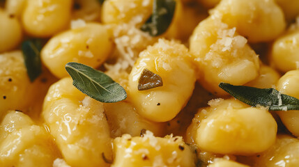 a close-up, top-down view of gnocchi with brown butter sage sauce, filling the entire frame with the focus on the pasta's intricate details