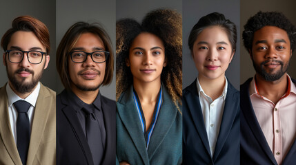 Collage of portraits of an ethnically diverse and mixed age group of focused business professionals. Generative AI