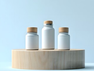 Wall Mural - Three White Bottles with Wooden Lids on a Wooden Platform