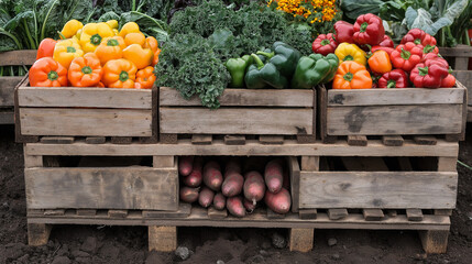 wooden crates filled with freshly harvested fall vegetables such as bell peppers, tomatoes, carrots, and leafy greens, stacked on a rustic wooden platform in a farm setting