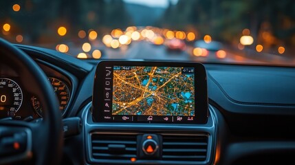 Dashboard view with navigation screen and traffic in the background.